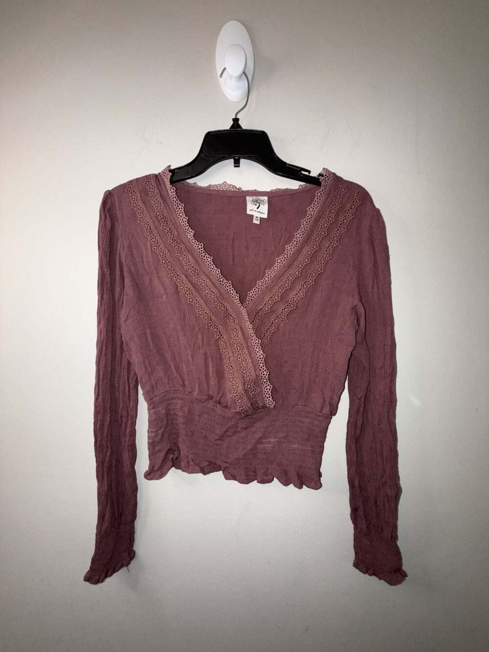 Self Esteem Long Sleeve V-Neck Lace Trim Crinkle Wrap Top
